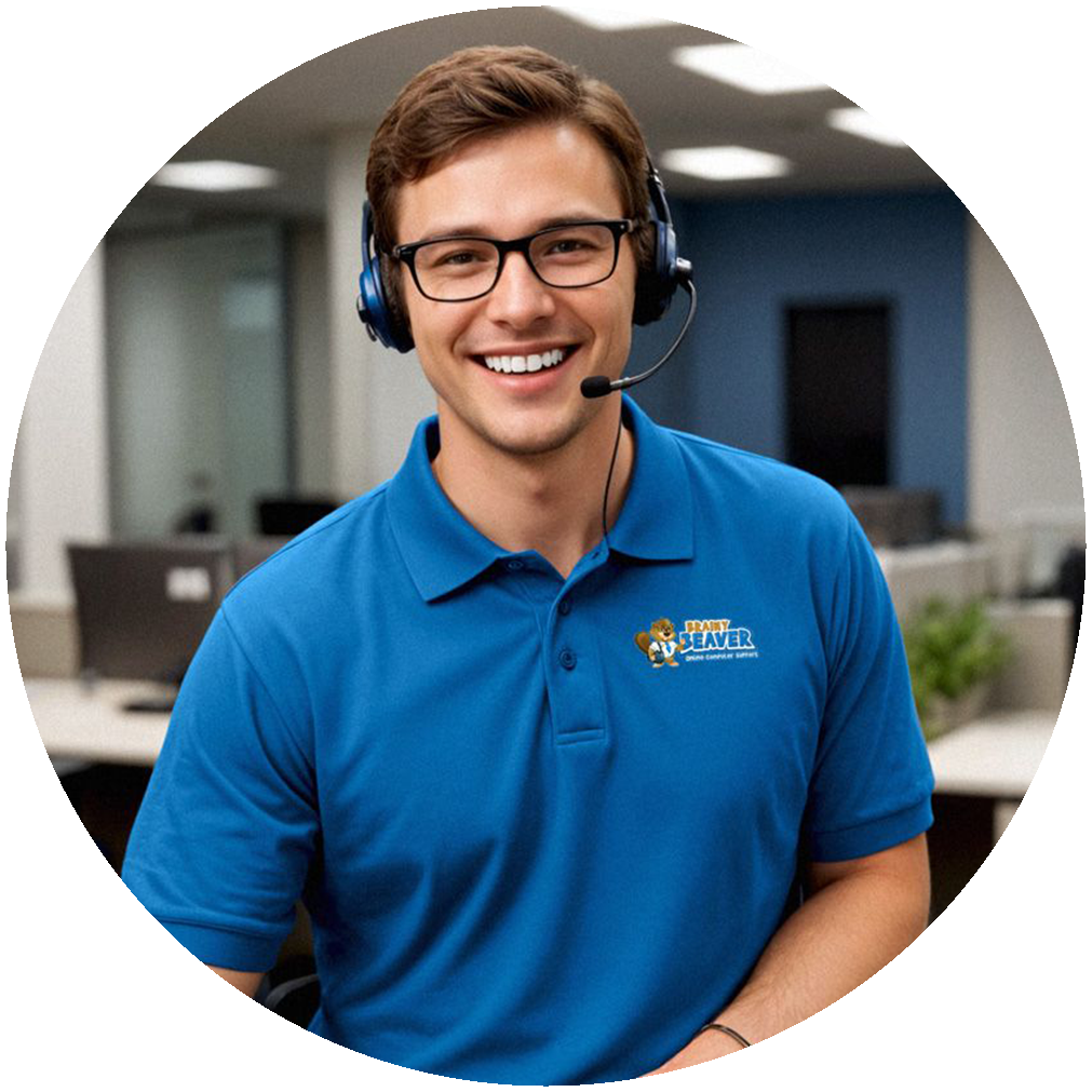 A Brainy Beaver Online Computer Support technician wearing a headset and a Brainy Beaver uniform (branded blue polo shirt) at Brainy Beaver headquarters smiling at the camera