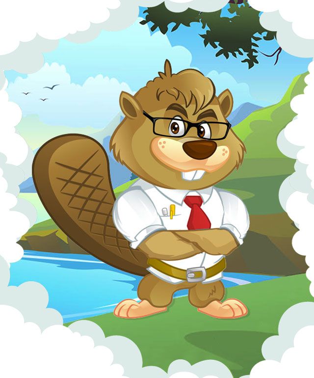 Brainy Beaver Mascot - Cartoon Personified Beaver, Smart, Confident, Geeky wearing a button down shirt, tie and glasses next to a cartoon river scene.