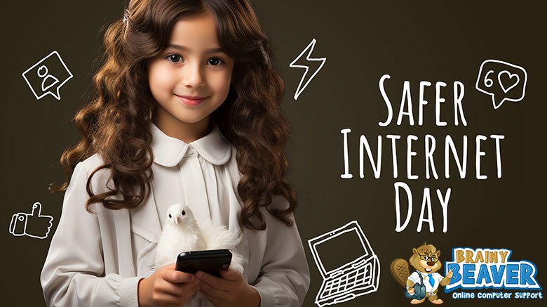 Young girl with a smart phone set against a background with tiled computers and the text "Safer Internet Day".